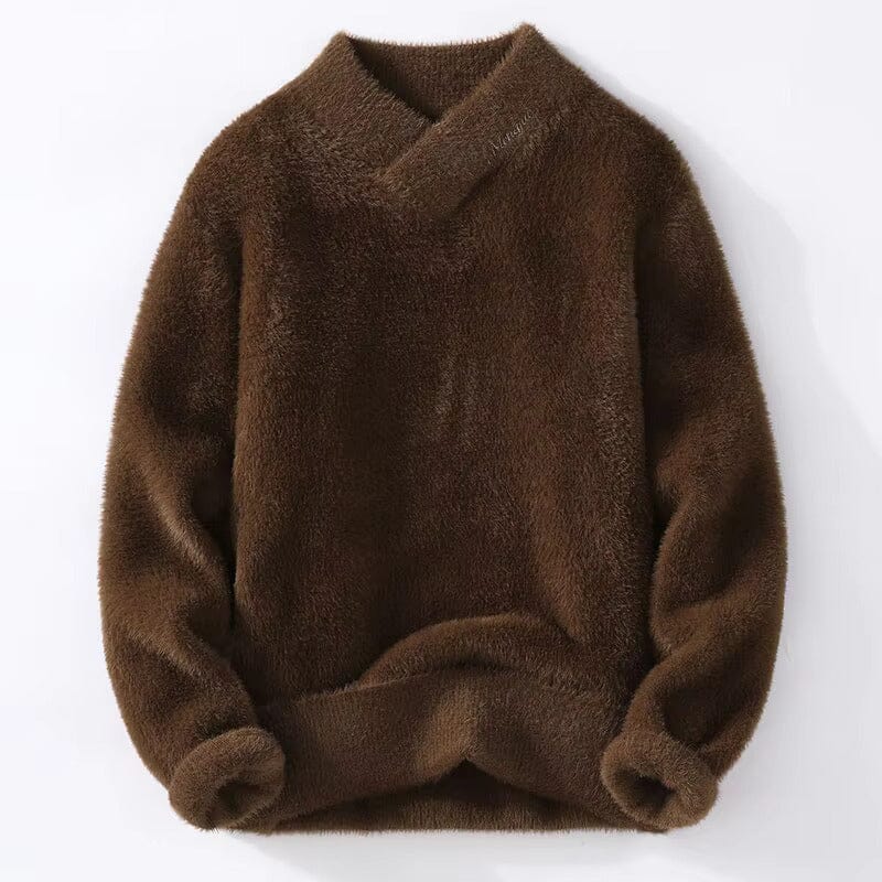 Herren Fleece Pullover V-Ausschnitt | Flauschiger Strickpullover cremeweiß [ Herrenkollektion - Langarmhemden - Jacken ] 166 - Herren Fleece Pullover V-Ausschnitt Gratti Paris Braun S 