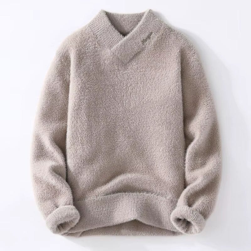 Herren Fleece Pullover V-Ausschnitt | Flauschiger Strickpullover cremeweiß [ Herrenkollektion - Langarmhemden - Jacken ] 166 - Herren Fleece Pullover V-Ausschnitt Gratti Paris Khaki S 