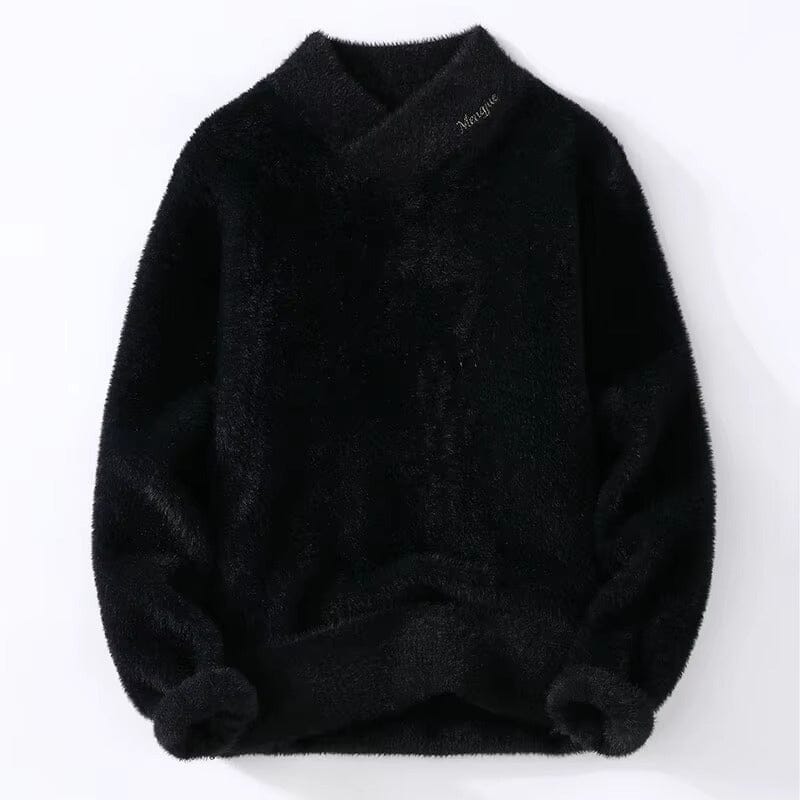 Herren Fleece Pullover V-Ausschnitt | Flauschiger Strickpullover cremeweiß [ Herrenkollektion - Langarmhemden - Jacken ] 166 - Herren Fleece Pullover V-Ausschnitt Gratti Paris Schwarz S 