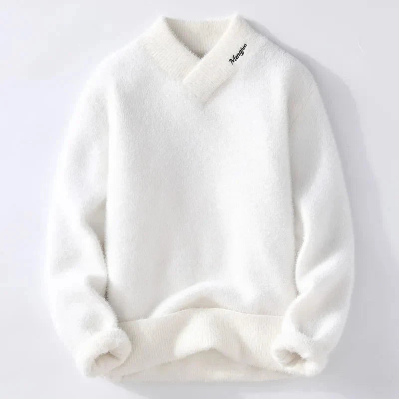 Herren Fleece Pullover V-Ausschnitt | Flauschiger Strickpullover cremeweiß [ Herrenkollektion - Langarmhemden - Jacken ] 166 - Herren Fleece Pullover V-Ausschnitt Gratti Paris Weiß S 