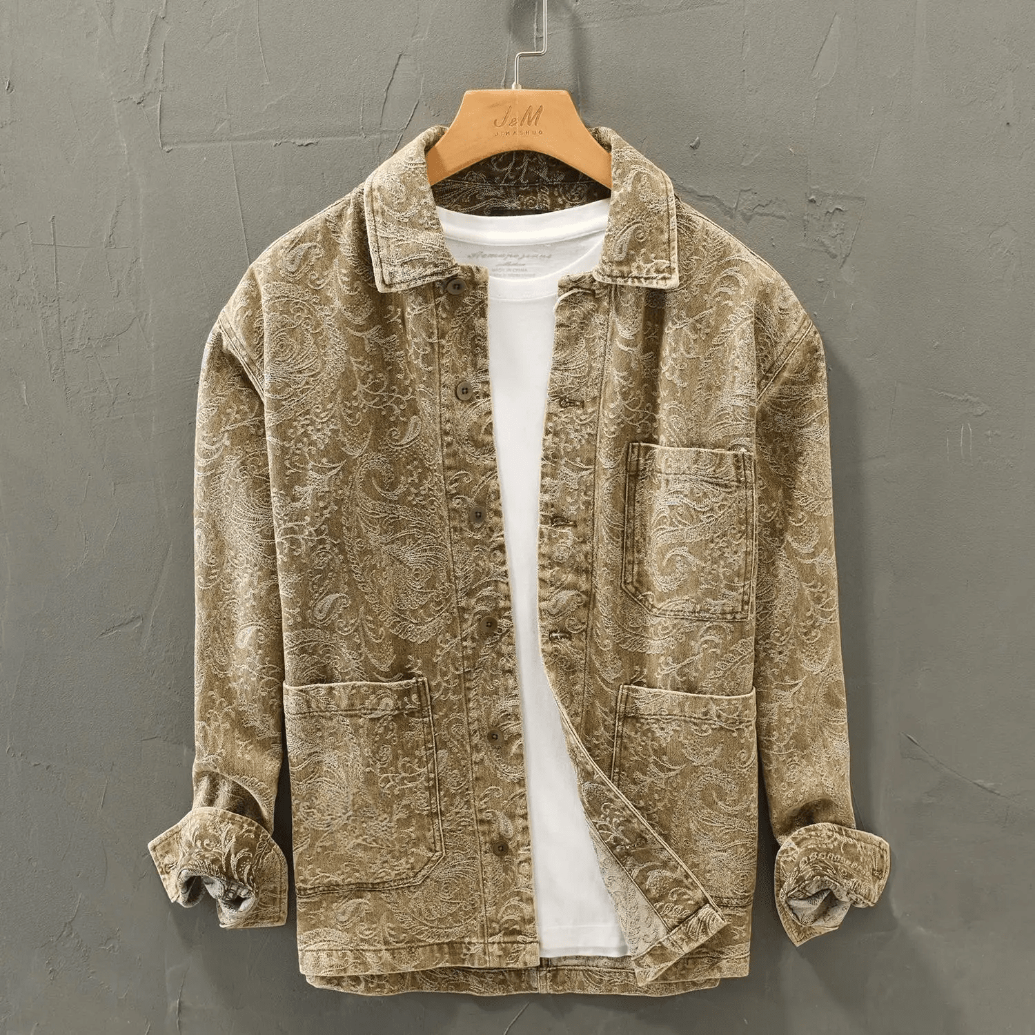 Herren Jacke Jacquardmuster | Lässige Vintage Hemdjacke braun [ Herrenkollektion - Jacken - Langarmhemden ] 214 - Herren Jacke Jacquardmuster Gratti Offiziell Khaki S 