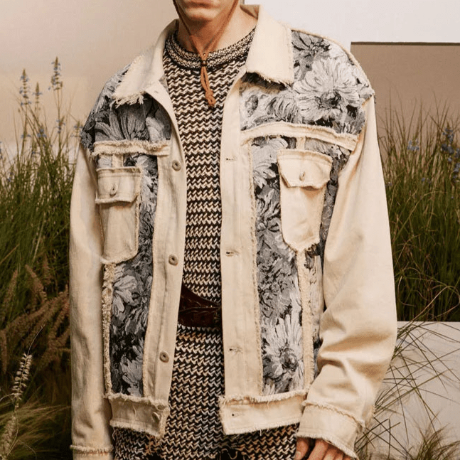 Herren Jeansjacke im Patchwork-Design | Vintage Blumen-Jacke mit Fransen-Details [ Herrenkollektion - Jacken - Frühling & Sommer '25 ] 191 - Herren Jeansjacke im Patchwork-Design Gratti Offiziell 