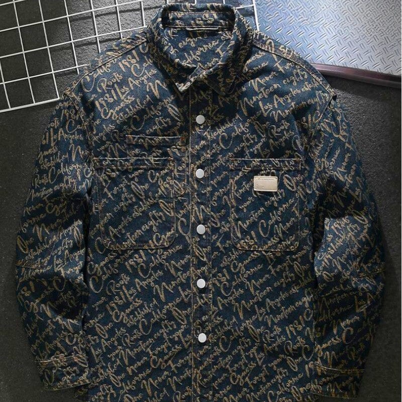 Herren Jeansjacke mit Schriftmuster | Lässiges Overshirt als Übergangsjacke [ Herrenkollektion - Jacken - Langarmhemden ] 210 - Herren Jeansjacke mit Schriftmuster Gratti Offiziell 