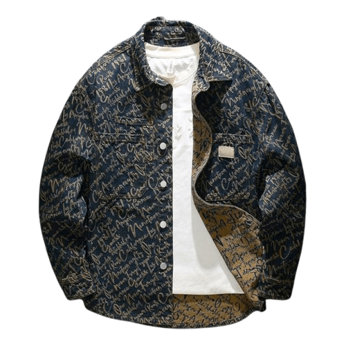 Herren Jeansjacke mit Schriftmuster | Lässiges Overshirt als Übergangsjacke [ Herrenkollektion - Jacken - Langarmhemden ] 210 - Herren Jeansjacke mit Schriftmuster Gratti Offiziell 