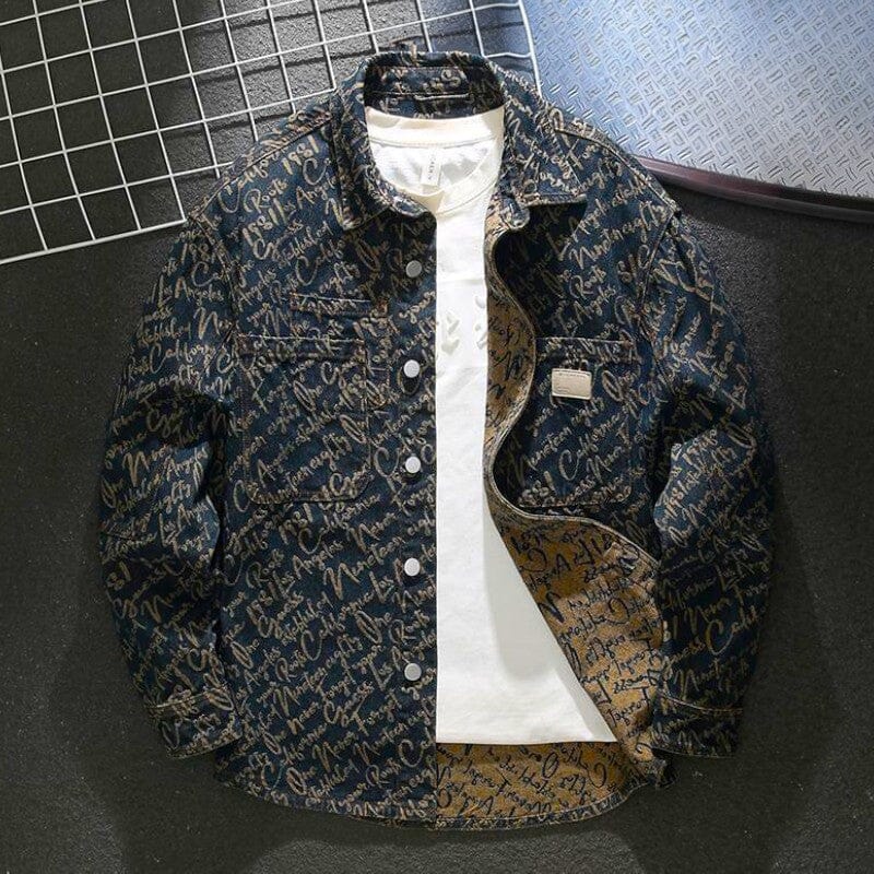 Herren Jeansjacke mit Schriftmuster | Lässiges Overshirt als Übergangsjacke [ Herrenkollektion - Jacken - Langarmhemden ] 210 - Herren Jeansjacke mit Schriftmuster Gratti Offiziell S 