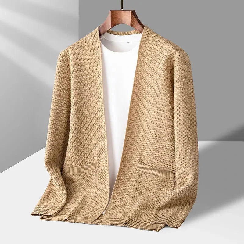 Herren Kaschmir-Cardigan offen | Feine Strickjacke mit Schalkragen beige [ Herrenkollektion - Jacken - Langarmhemden ] 209 - Herren Kaschmir-Cardigan offen Gratti Offiziell Khaki S 