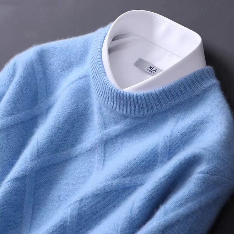 Herren Kaschmirpullover Rundhals | Eleganter Strickpullover Rautenmuster hellblau [ Herrenkollektion - Langarmhemden - Jacken ] 165 - Herren Kaschmirpullover Rundhals Gratti Paris 