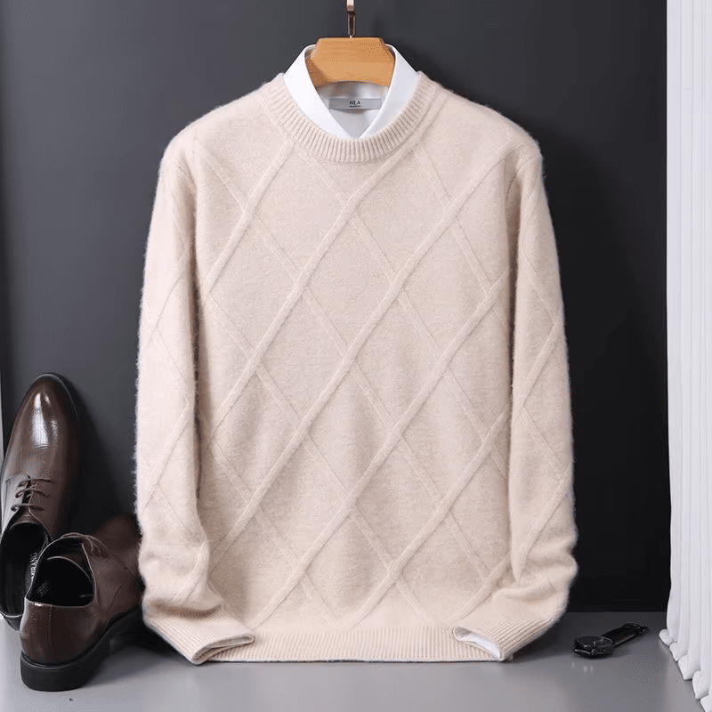 Herren Kaschmirpullover Rundhals | Eleganter Strickpullover Rautenmuster hellblau [ Herrenkollektion - Langarmhemden - Jacken ] 165 - Herren Kaschmirpullover Rundhals Gratti Paris Beige S 