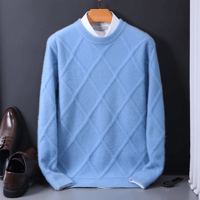 Herren Kaschmirpullover Rundhals | Eleganter Strickpullover Rautenmuster hellblau [ Herrenkollektion - Langarmhemden - Jacken ] 165 - Herren Kaschmirpullover Rundhals Gratti Paris Blau S 
