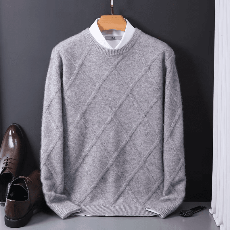 Herren Kaschmirpullover Rundhals | Eleganter Strickpullover Rautenmuster hellblau [ Herrenkollektion - Langarmhemden - Jacken ] 165 - Herren Kaschmirpullover Rundhals Gratti Paris Grau S 