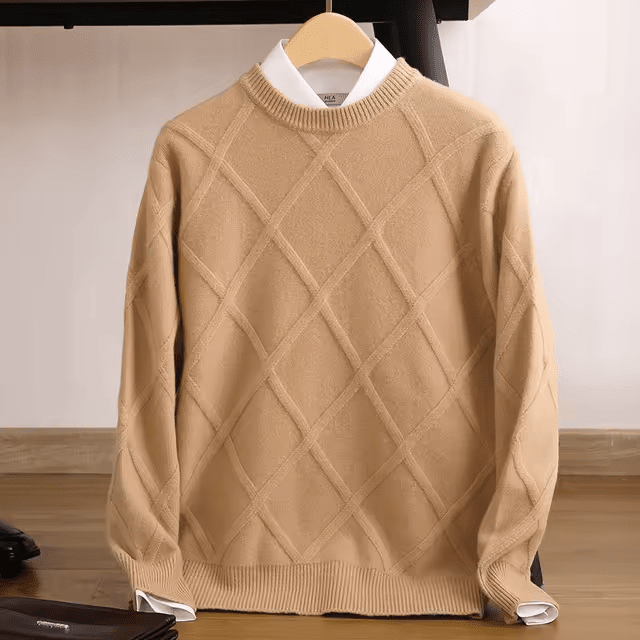 Herren Kaschmirpullover Rundhals | Eleganter Strickpullover Rautenmuster hellblau [ Herrenkollektion - Langarmhemden - Jacken ] 165 - Herren Kaschmirpullover Rundhals Gratti Paris Khaki S 