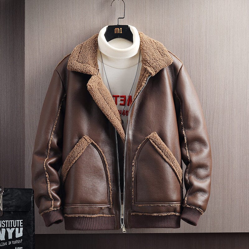 Herren Lammfell-Lederjacke | Warme Pilotenjacke mit Teddyfutter braun [ Herrenkollektion - Jacken - Langarmhemden ] 203 - Herren Lammfell-Lederjacke Gratti Offiziell 