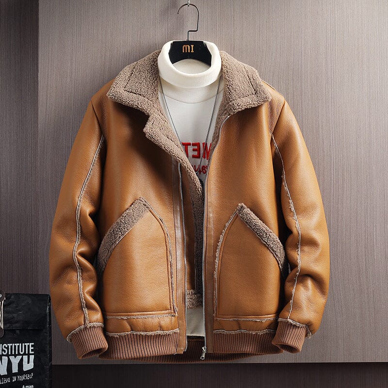 Herren Lammfell-Lederjacke | Warme Pilotenjacke mit Teddyfutter braun [ Herrenkollektion - Jacken - Langarmhemden ] 203 - Herren Lammfell-Lederjacke Gratti Offiziell Khaki M 