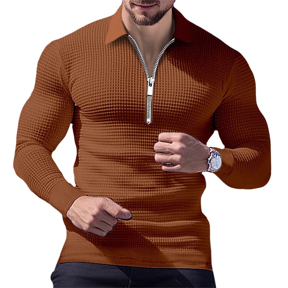Herren Langarm Polohemd Reißverschluss | Muskelshirt Slim Fit Waffelstruktur [ Herrenkollektion - Langarmhemden - Poloshirts ] 18 - Herren Langarm Polohemd Reißverschluss Gratti Paris Braun S 