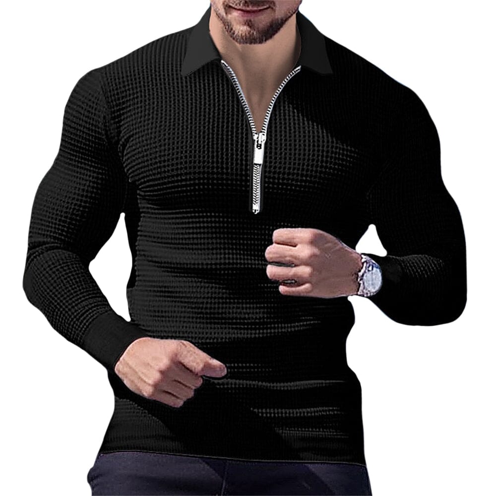 Herren Langarm Polohemd Reißverschluss | Muskelshirt Slim Fit Waffelstruktur [ Herrenkollektion - Langarmhemden - Poloshirts ] 18 - Herren Langarm Polohemd Reißverschluss Gratti Paris Schwarz S 
