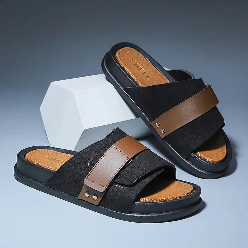 Herren Pantoletten mit Doppelriemen | Robuste Sandalen mit Fußbett schwarz [ Herrenkollektion - Schuhe - Sandalen ] 262 - Herren Pantoletten mit Doppelriemen Gratti Offiziell 