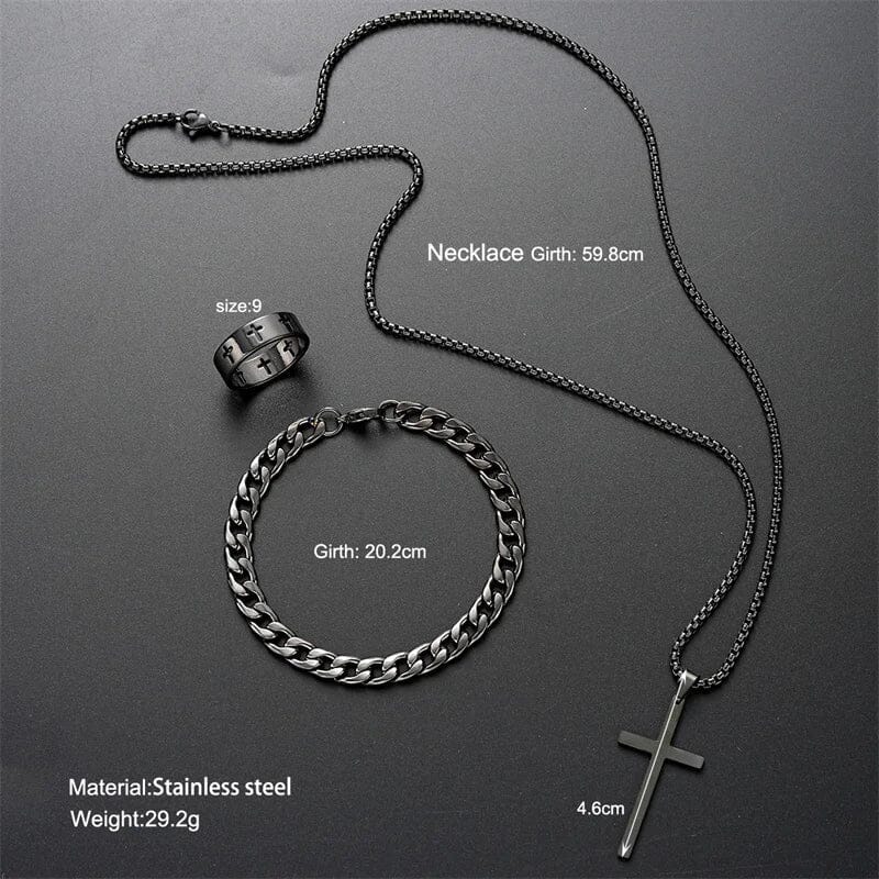 Herren Schmuck Set Kreuz Kette | Edelstahl Kettenarmband und Ring schwarz [ Herrenkollektion - Accessoires - Leinensets ] 178 - Herren Schmuck Set Kreuz Kette Gratti Paris 