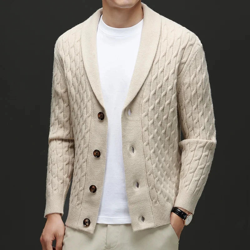 Herren Strickpullover mit Zopfmuster | Eleganter Wollpullover Schalkragen braun [ Herrenkollektion - Langarmhemden - Jacken ] 205 - Herren Strickpullover mit Zopfmuster Gratti Offiziell Beige S 