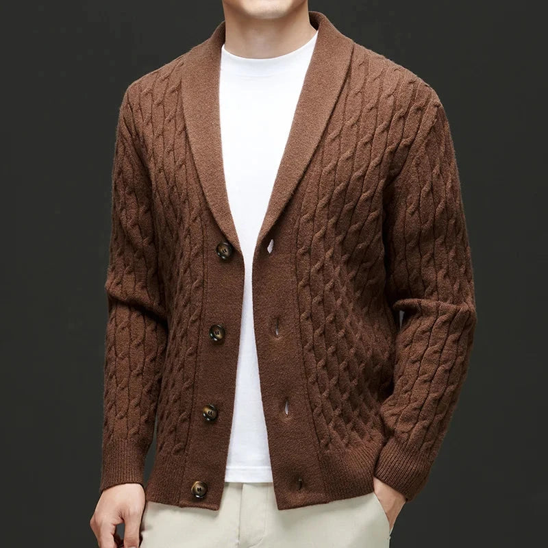 Herren Strickpullover mit Zopfmuster | Eleganter Wollpullover Schalkragen braun [ Herrenkollektion - Langarmhemden - Jacken ] 205 - Herren Strickpullover mit Zopfmuster Gratti Offiziell Braun S 