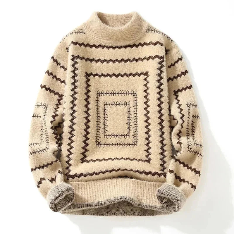 Herren Strickpullover Rollkragen | Warmer Wollpullover mit Zickzack-Muster beige [ Herrenkollektion - Langarmhemden - Jacken ] 197 - Herren Strickpullover Rollkragen Gratti Offiziell Khaki S 