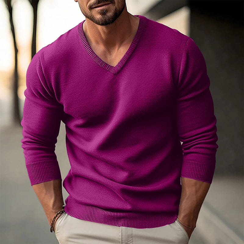 Herren Strickpullover V-Ausschnitt Slim Fit | Eleganter Feinstrick Pullover hellgrau [ Herrenkollektion - Langarmhemden - Jacken ] 149 - Herren Strickpullover V-Ausschnitt Slim Fit Gratti Paris Violett XXS 