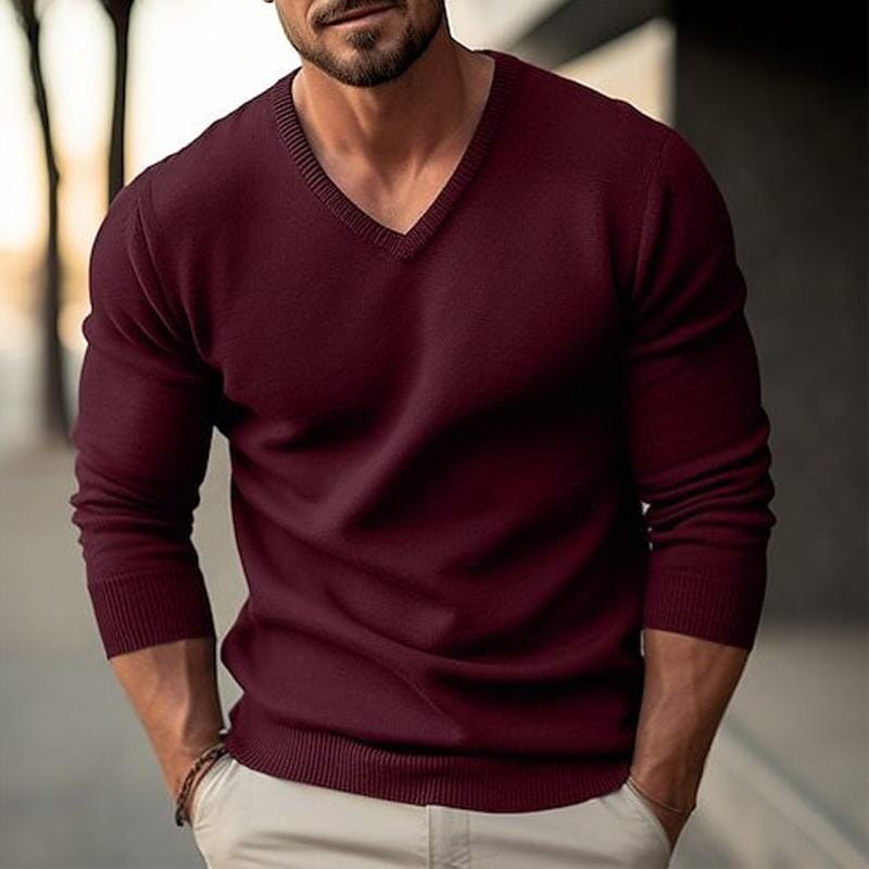 Herren Strickpullover V-Ausschnitt Slim Fit | Eleganter Feinstrick Pullover hellgrau [ Herrenkollektion - Langarmhemden - Jacken ] 149 - Herren Strickpullover V-Ausschnitt Slim Fit Gratti Paris Burgunderrot XXS 