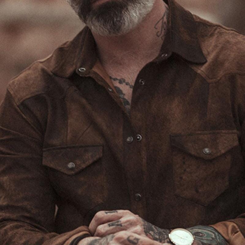 Herren Wildlederhemd Vintage | Lässiges Langarmhemd Western-Stil braun [ Herrenkollektion - Langarmhemden - Jacken ] 150 - Herren Wildlederhemd Vintage Gratti Paris 