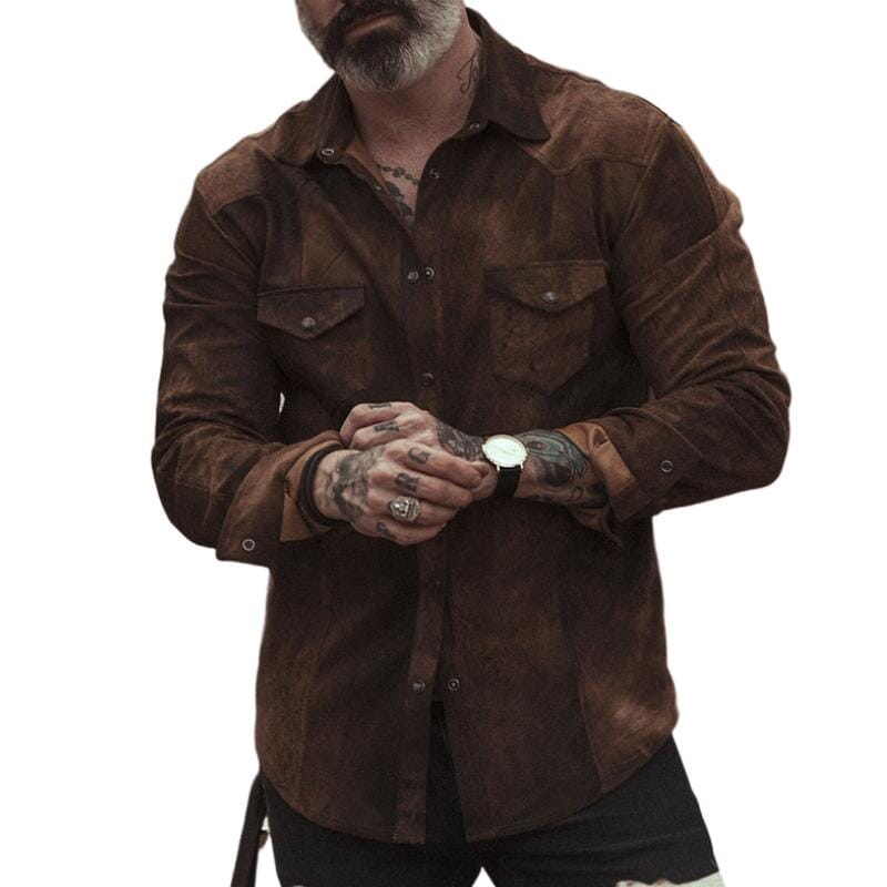 Herren Wildlederhemd Vintage | Lässiges Langarmhemd Western-Stil braun [ Herrenkollektion - Langarmhemden - Jacken ] 150 - Herren Wildlederhemd Vintage Gratti Paris 