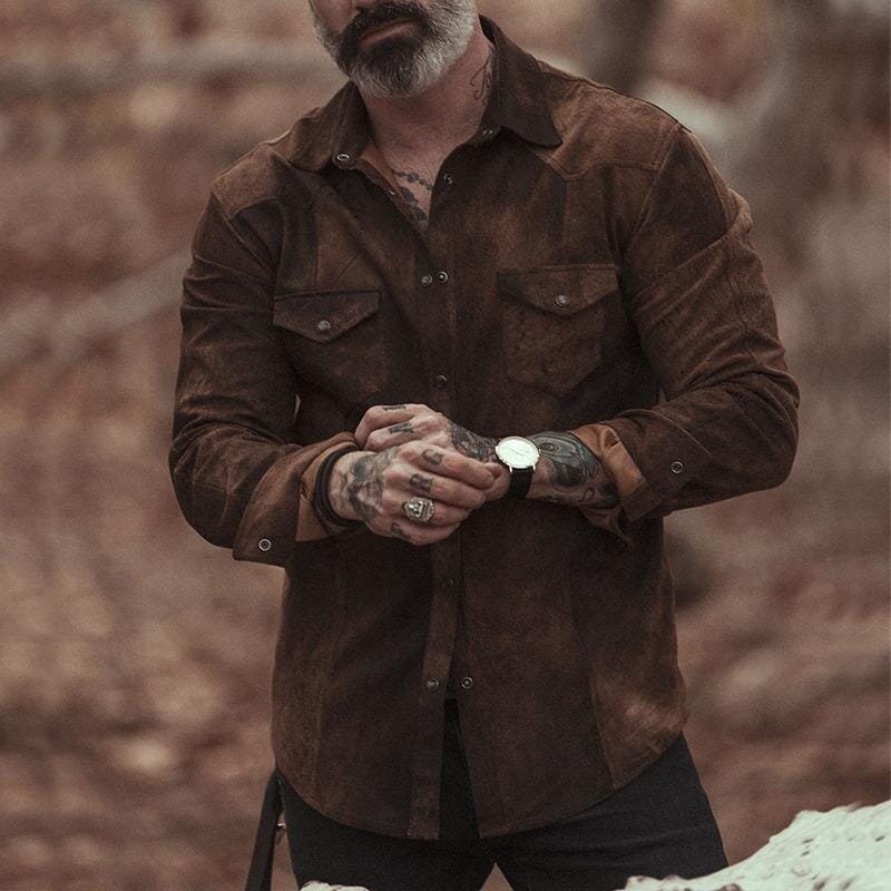 Herren Wildlederhemd Vintage | Lässiges Langarmhemd Western-Stil braun [ Herrenkollektion - Langarmhemden - Jacken ] 150 - Herren Wildlederhemd Vintage Gratti Paris Braun S 